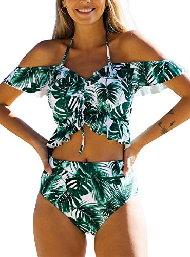 JFAN Trajes de Baño para Mujer Top Corto con Cuello Halter y Volantes Bañador de Colores con Hombros Descubiertos