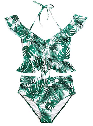 JFAN Trajes de Baño para Mujer Top Corto con Cuello Halter y Volantes Bañador de Colores con Hombros Descubiertos