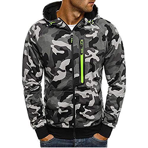 JiaMeng suéter Sudadera con Capucha Hombres de Punto con Capucha de Manga Larga Jersey Sudadera de Camuflaje(Gris,XL)