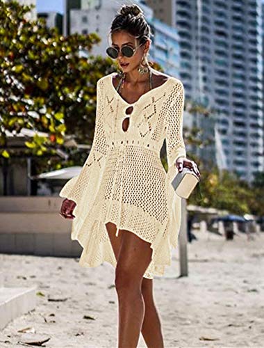 Jinsha Vestido de Playa - Mujer Pareos y Camisola de Playa Sexy Hueco Traje de Baño Punto Bikini Cover up (Beige)