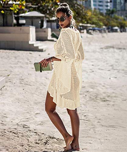Jinsha Vestido de Playa - Mujer Pareos y Camisola de Playa Sexy Hueco Traje de Baño Punto Bikini Cover up (Beige)