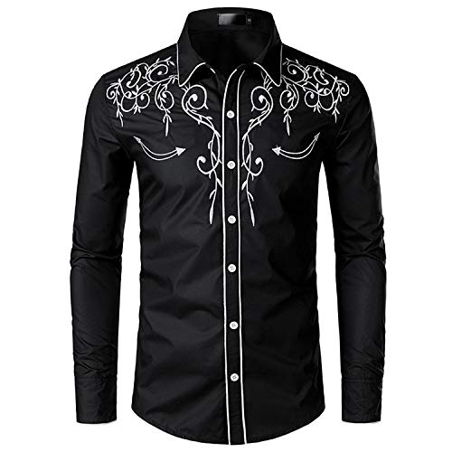 JINYAUN Camisa de Vaquero Occidental con Estilo, Camisas de Manga Larga Informales Ajustadas con Bordado de para Hombre, Camisa de Fiesta de Boda para Hombre