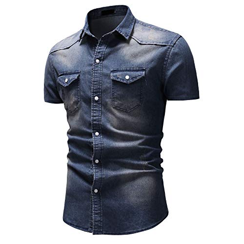 Jinyuan Camisa De Hombre De Moda Camisa De Mezclilla con BotóN Delgado para Hombre Casual Camisa De Manga Corta para Hombre con Bolsillos Azul Marino XL