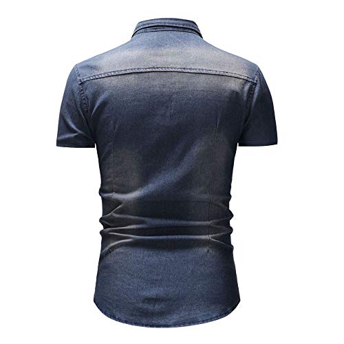 Jinyuan Camisa De Hombre De Moda Camisa De Mezclilla con BotóN Delgado para Hombre Casual Camisa De Manga Corta para Hombre con Bolsillos Azul Marino XL