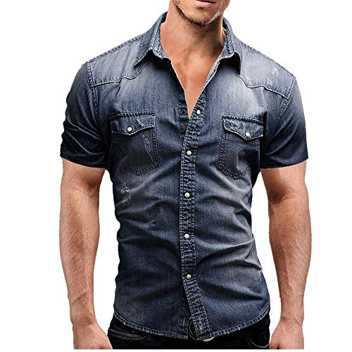 Jinyuan Camisa De Hombre De Moda Camisa De Mezclilla con BotóN Delgado para Hombre Casual Camisa De Manga Corta para Hombre con Bolsillos Azul Marino XL