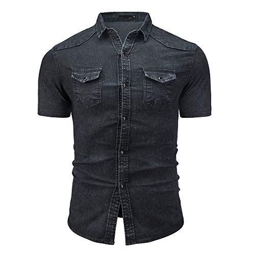 Jinyuan Camisa De Hombre De Moda Camisa De Mezclilla con BotóN Delgado para Hombre Casual Camisa De Manga Corta para Hombre con Bolsillos Gris Oscuro 2XL