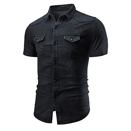 Jinyuan Camisa De Hombre De Moda Camisa De Mezclilla con BotóN Delgado para Hombre Casual Camisa De Manga Corta para Hombre con Bolsillos Gris Oscuro 2XL