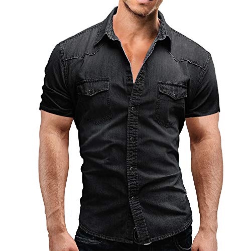 Jinyuan Camisa De Hombre De Moda Camisa De Mezclilla con BotóN Delgado para Hombre Casual Camisa De Manga Corta para Hombre con Bolsillos Gris Oscuro 2XL