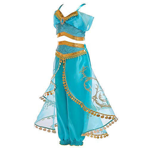 JK Disfraz de Princesa Jasmine con Lentejuelas para niñas, Vestido de Princesa Aladdin Jasmine para Fiesta de Halloween para niños (140cm)
