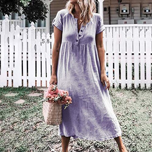 Junkai Verano de Las Mujeres de la Vendimia Suelta Color sólido Manga Corta Casual Kaftan Boho Beach Maxi algodón Lino Medio Abierto con Cuello en V Vestidos Vestidos