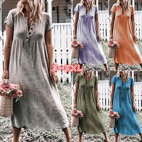 Junkai Verano de Las Mujeres de la Vendimia Suelta Color sólido Manga Corta Casual Kaftan Boho Beach Maxi algodón Lino Medio Abierto con Cuello en V Vestidos Vestidos