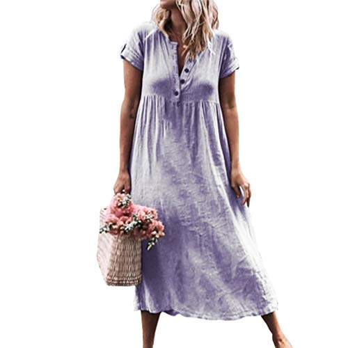 Junkai Verano de Las Mujeres de la Vendimia Suelta Color sólido Manga Corta Casual Kaftan Boho Beach Maxi algodón Lino Medio Abierto con Cuello en V Vestidos Vestidos