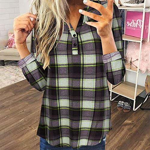 JXQ-N Tops de Mujer Blusa Casual Camisa Ptint a Cuadros de Manga 3/4 Camisa Delgada
