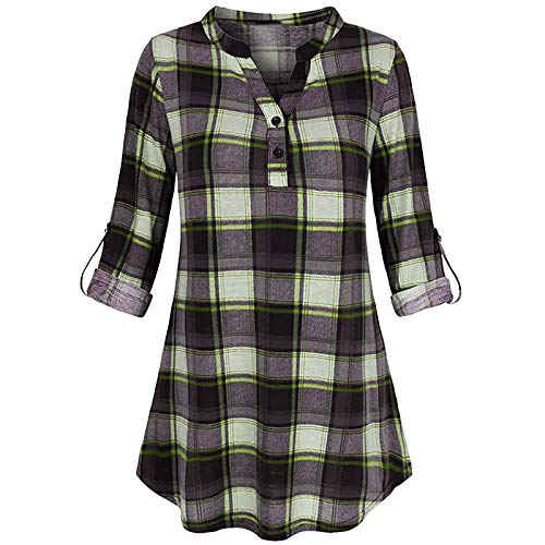 JXQ-N Tops de Mujer Blusa Casual Camisa Ptint a Cuadros de Manga 3/4 Camisa Delgada
