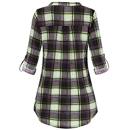 JXQ-N Tops de Mujer Blusa Casual Camisa Ptint a Cuadros de Manga 3/4 Camisa Delgada