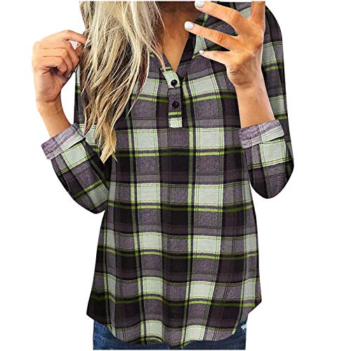 JXQ-N Tops de Mujer Blusa Casual Camisa Ptint a Cuadros de Manga 3/4 Camisa Delgada