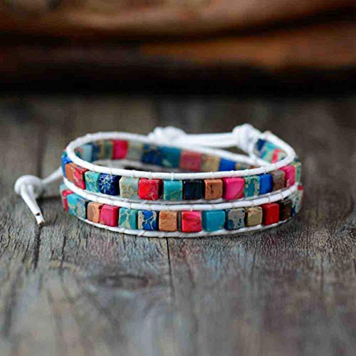 JYHW Boho Pulsera de Las Mujeres Mezcla de Piedra Natural 2 filamentos de Cuero Pulseras del Abrigo de la Vendimia Que Teje la Pulsera del Grano Hecho a Mano,Pure Love