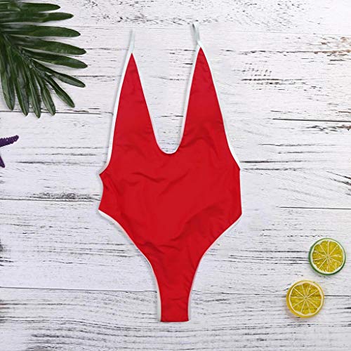 K-Youth Bañador Mujer Una Pieza Adelgazante Piscina Deporte Bikini Mujer Sexy Brasileña Push Up Monokini Mujer Talla Grande Tanga Tankini Mujer Sin Espalda Shorts Vintage Sólido (Rojo, S)