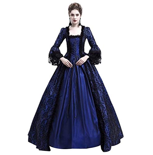 Kaiyei Vestido Dama Medieval Cuello Cuadrado Mangas Largas Vintage Vestidos de Renacimiento Gotico Cosplay Halloween Vestidos de Gala Longitud del Piso Princesa Real Vestidos de Fiesta Azul Marino L