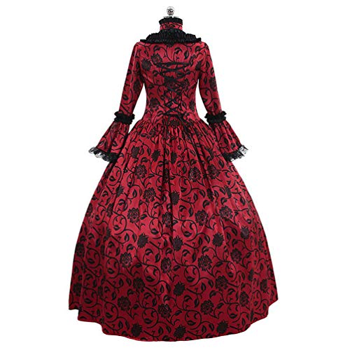 Kaiyei Vestido Dama Medieval Cuello Cuadrado Mangas Largas Vintage Vestidos de Renacimiento Gotico Halloween Cosplay Vestidos de Gala Longitud del Piso Princesa Real Vestidos de Fiesta Rojo 2XL