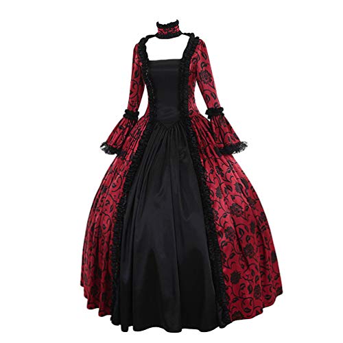 Kaiyei Vestido Dama Medieval Cuello Cuadrado Mangas Largas Vintage Vestidos de Renacimiento Gotico Halloween Cosplay Vestidos de Gala Longitud del Piso Princesa Real Vestidos de Fiesta Rojo 2XL