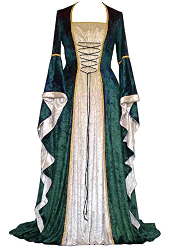 Kaiyei Vestido Dama Medieval Mangas Largas Vintage Celta Vestidos de Renacimiento Gotico Halloween Vestidos de Gala Longitud del Piso Adulto Vestidos de Fiesta Vestido de Princesa Real Verde S