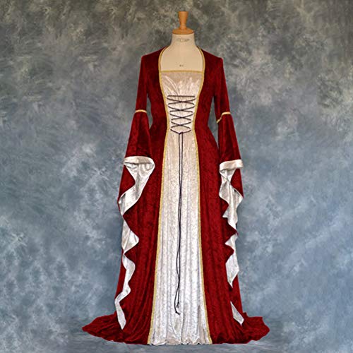 Kaiyei Vestido Dama Medieval Mangas Largas Vintage Celta Vestidos de Renacimiento Gotico Halloween Vestidos de Gala Longitud del Piso Adulto Vestidos de Fiesta Vestido de Princesa Real Burdeos XL