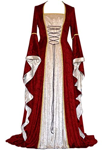 Kaiyei Vestido Dama Medieval Mangas Largas Vintage Celta Vestidos de Renacimiento Gotico Halloween Vestidos de Gala Longitud del Piso Adulto Vestidos de Fiesta Vestido de Princesa Real Burdeos XL