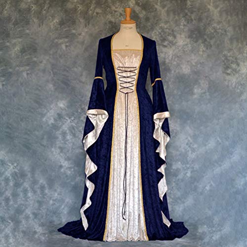 Kaiyei Vestido Dama Medieval Mangas Largas Vintage Celta Vestidos de Renacimiento Gotico Halloween Vestidos de Gala Longitud del Piso Adulto Vestidos de Fiesta Vestido de Princesa Real Azul Marino S