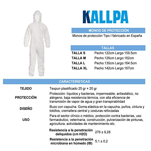 KALLPA [ENVÍOS EN 24H] Atuendo (Pack de 5), Buzo Mono Trabajo Capucha, Uso Industrial DOMESTICO Empresa, Traje Proteccion QUIMICOS, LIQUIDOS, Lavables, Blanco, Bricolaje, OFICIOS Varios. (XL)