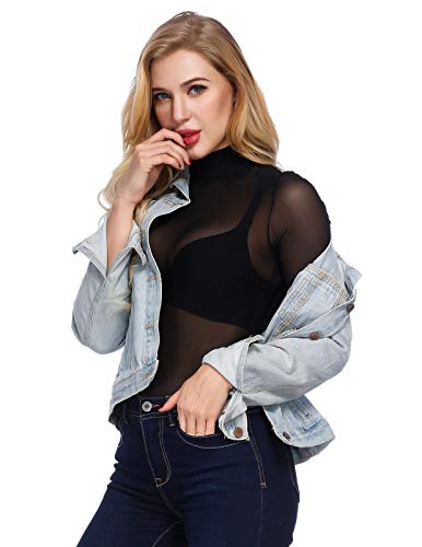 Kate Kasin Camiseta de manga larga, ligera, transparente, de tul, blusa, body de malla, multicolor, KKAF1047 Negro 1151. XXXL