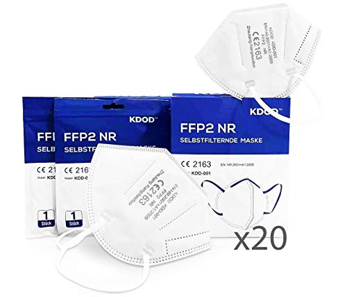 KDOD Mascarillas FFP2 Homologadas, 20 Unidades, CE2163 EN 149:2001 + A1:2009 FFP2 NR