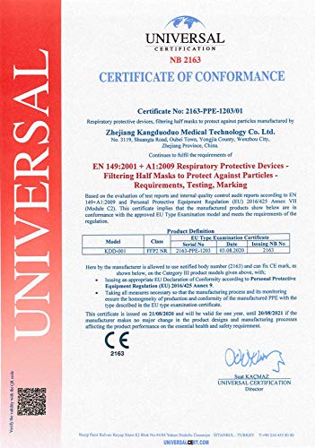 KDOD Mascarillas FFP2 Homologadas, 20 Unidades, CE2163 EN 149:2001 + A1:2009 FFP2 NR