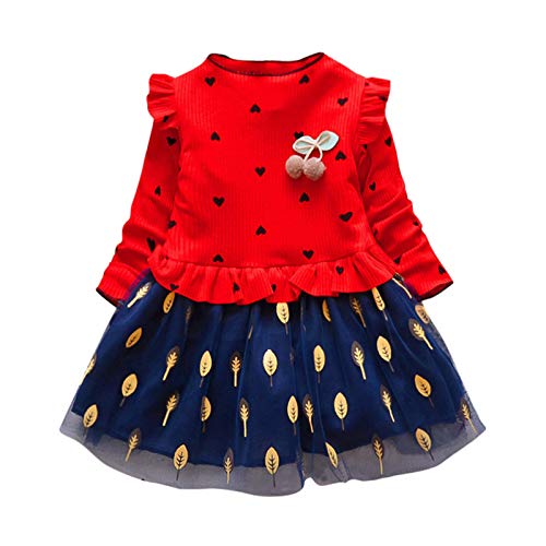 Keepwin Vestido de Niña Fiesta de Tul Estampado de Hojas Amor Princesa Vestidos de Niña Ropa para Bebe Recien Nacido Niñas para 6 Meses a 6 Años (Rojo, 18-24 Meses)