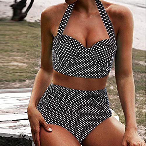 KEERADS - Bikini Tankini para mujer de los años 50, estilo retro, vintage, cintura alta, bañador con sujeción al cuello, polaco gris L