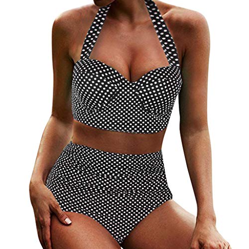KEERADS - Bikini Tankini para mujer de los años 50, estilo retro, vintage, cintura alta, bañador con sujeción al cuello, polaco gris L