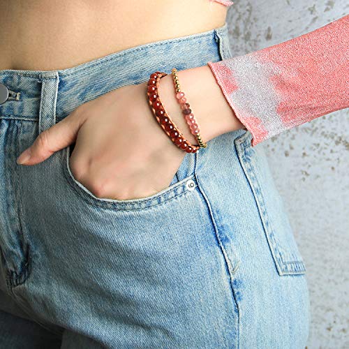 KELITCH enero Piedra del Zodíaco Rojo Granate Abalorios Soltero Pulsera del Abrigo Pulsera - Marrón Cuero