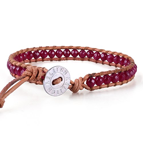 KELITCH enero Piedra del Zodíaco Rojo Granate Abalorios Soltero Pulsera del Abrigo Pulsera - Marrón Cuero