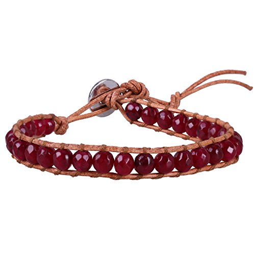 KELITCH enero Piedra del Zodíaco Rojo Granate Abalorios Soltero Pulsera del Abrigo Pulsera - Marrón Cuero