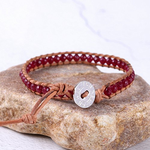 KELITCH enero Piedra del Zodíaco Rojo Granate Abalorios Soltero Pulsera del Abrigo Pulsera - Marrón Cuero