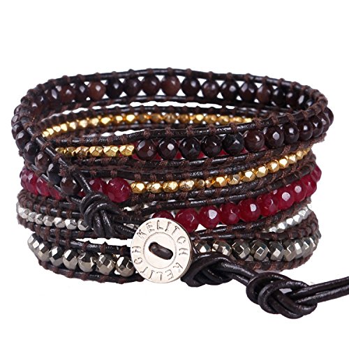 KELITCH Rojo Jaspe Granate Ágata Y Hematites Metal Pepita Abalorios 5 Pulsera del Abrigo Cuero Pulsera