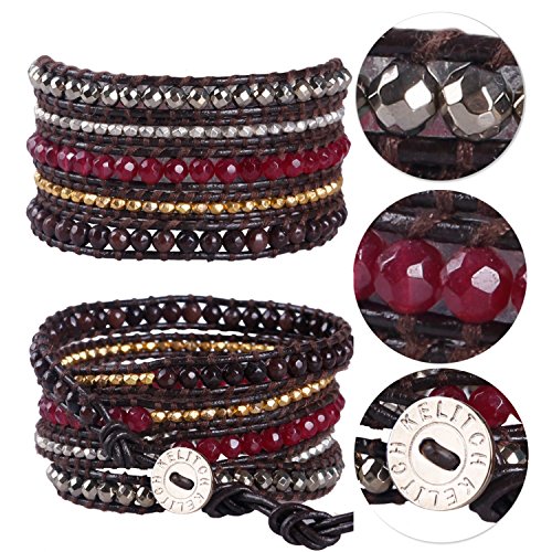 KELITCH Rojo Jaspe Granate Ágata Y Hematites Metal Pepita Abalorios 5 Pulsera del Abrigo Cuero Pulsera