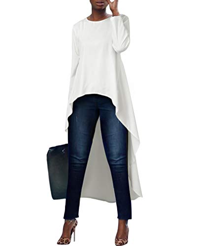 kenoce Blusa de Mujer Irregular Maxi Blusa Sueltas Largas Cuello Redondo y Manga Larga 3/4 Elegante Fiesta Cóctel Noche D-Blanco 2XL
