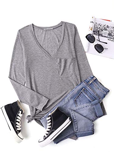 kenoce Camiseta Mujer de Manga Larga Blusa Cuello en V Casual Manga Larga Tshirt Sexy Color Sólido Elasticidad Pullover Blusas D-Gris XL