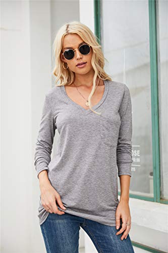 kenoce Camiseta Mujer de Manga Larga Blusa Cuello en V Casual Manga Larga Tshirt Sexy Color Sólido Elasticidad Pullover Blusas D-Gris XL