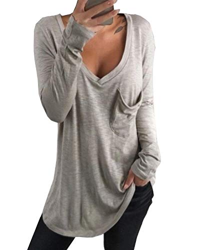 kenoce Camiseta Mujer de Manga Larga Blusa Cuello en V Casual Manga Larga Tshirt Sexy Color Sólido Elasticidad Pullover Blusas D-Gris XL