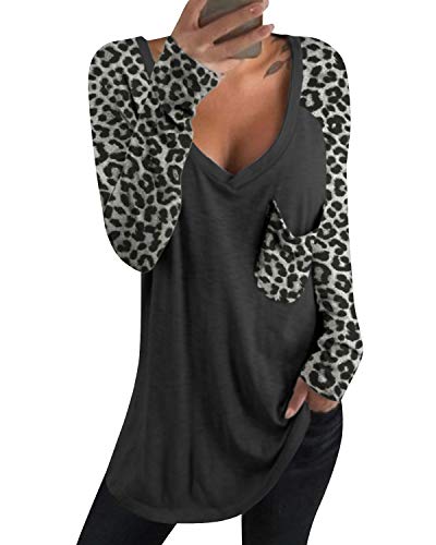 kenoce Camiseta Mujer de Manga Larga Blusa Cuello en V Casual Manga Larga Tshirt Sexy Color Sólido Elasticidad Pullover Blusas P-Gris Oscuro S