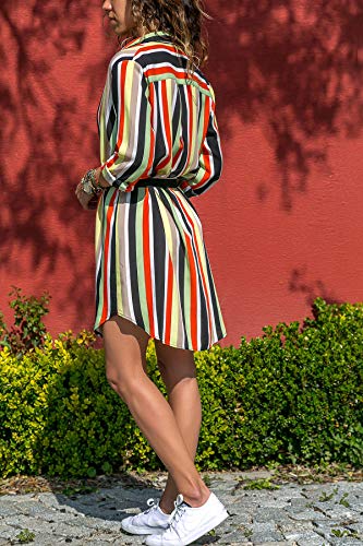 kenoce - Vestido de manga larga con cuello en V y bolsillos laterales, tipo túnica, con cinturón, para mujer