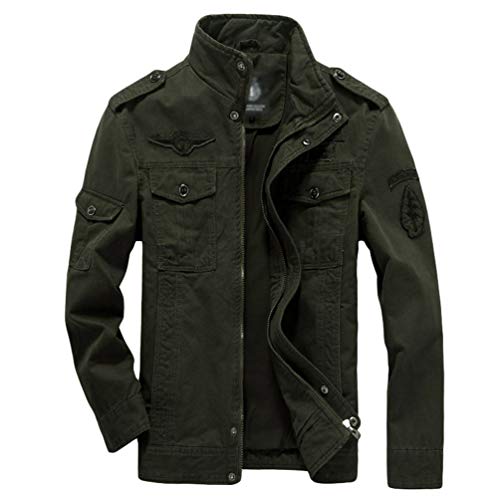 Ketamyy Casual algodón chaquetas estilo militar Tamaño más delgada del resorte del otoño de pie cuello de manga larga Loose Fit para Hombre SG Ejercito verde