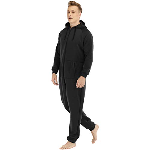 Ketamyy Hombre Pijama Mono Entero con Capucha Color Sólido Casual Forro Polar Mezcla de Algodón Cremallera Manga Larga Jumpsuit Adulto Una Pieza Invierno Otoño Termica Cómodo Negro 2XL